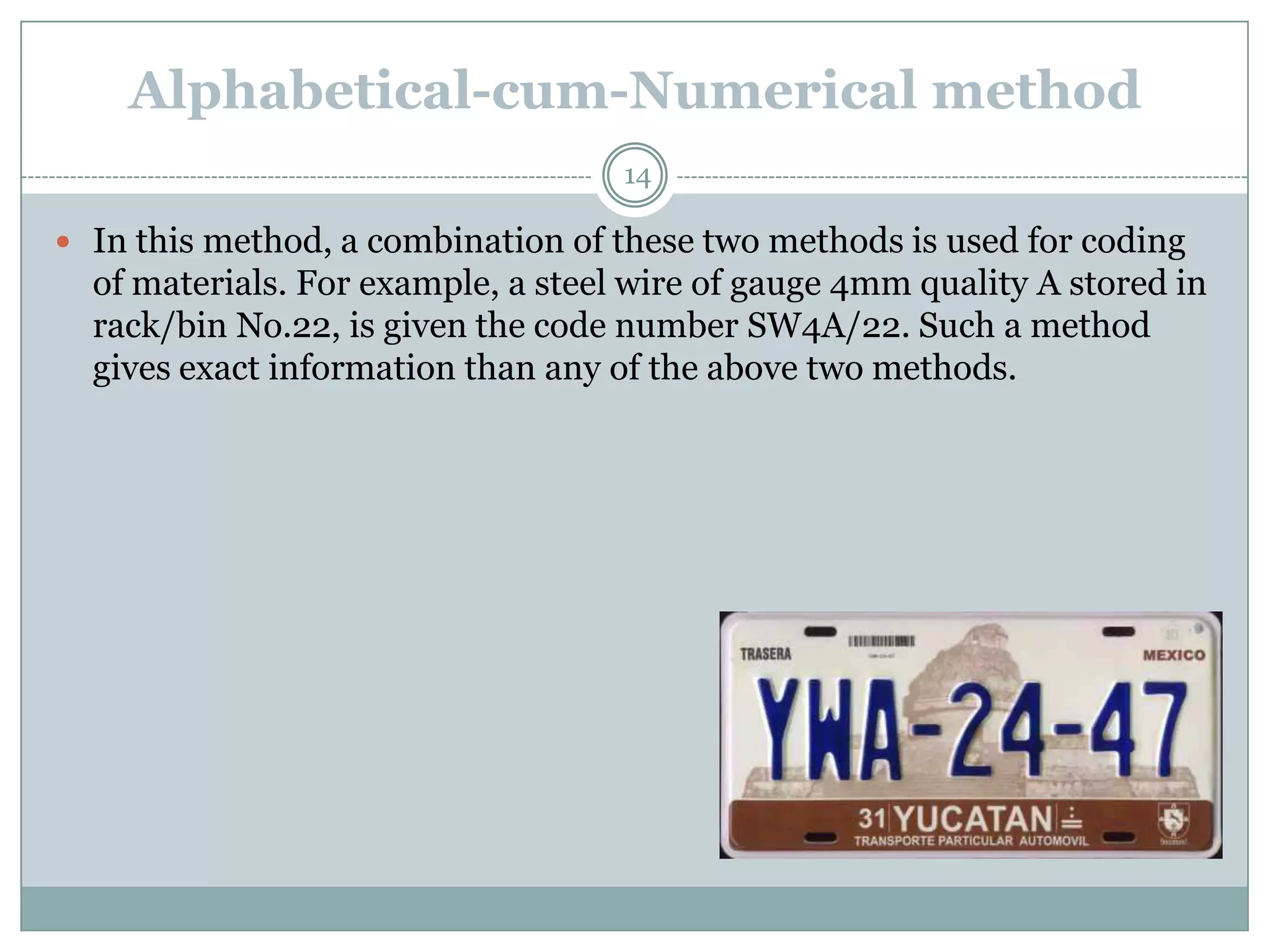 Alphabetical-cum-Numerical method
                                    14

 In this method, a combination of these two methods is used for coding
  of materials. For example, a steel wire of gauge 4mm quality A stored in
  rack/bin No.22, is given the code number SW4A/22. Such a method
  gives exact information than any of the above two methods.
 