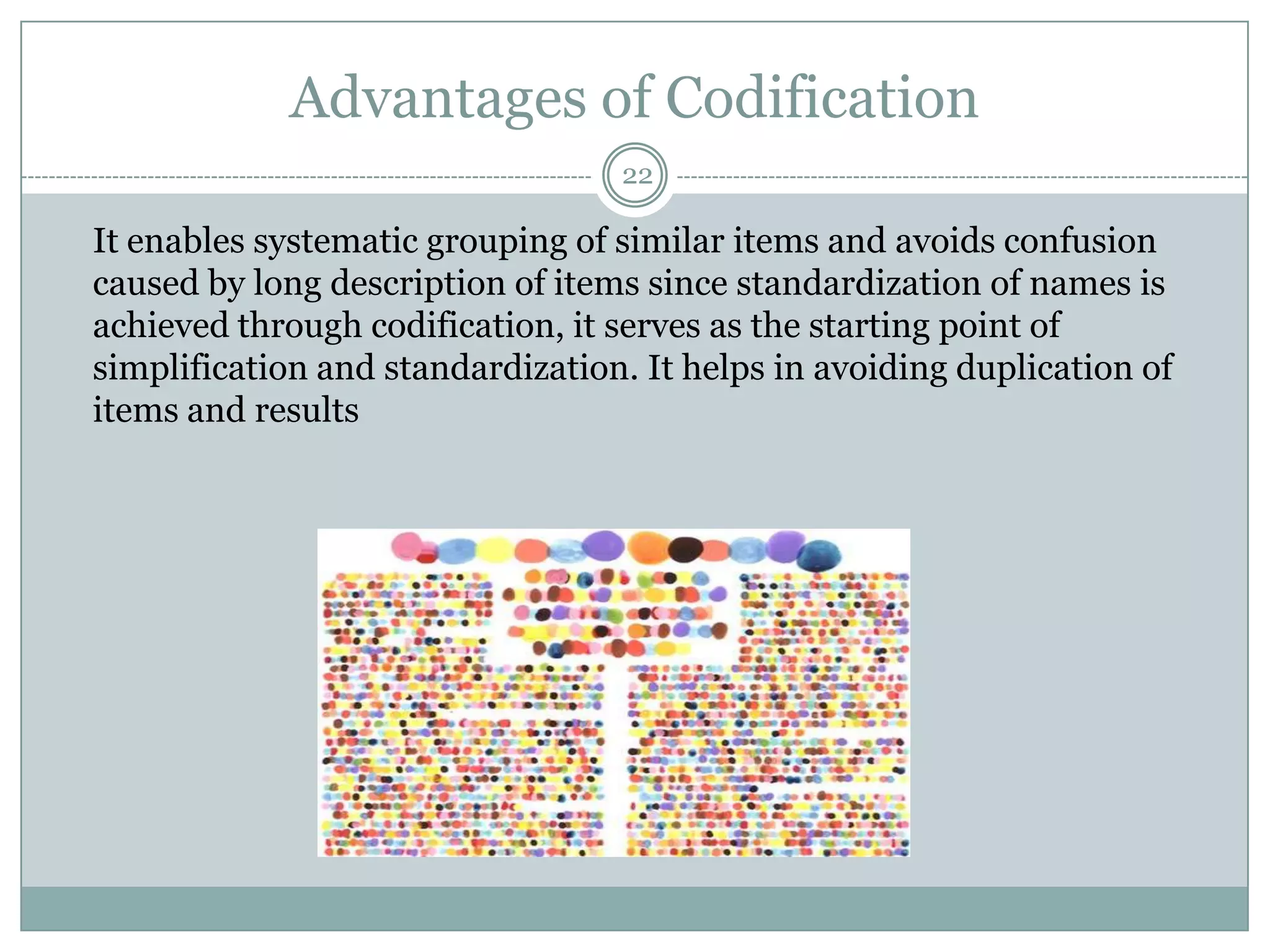 Advantages of Codification
                                  22

It enables systematic grouping of similar items and avoids confusion
caused by long description of items since standardization of names is
achieved through codification, it serves as the starting point of
simplification and standardization. It helps in avoiding duplication of
items and results
 