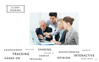 TRACKING
R E V I S I O N
F O L L O W U P
T W E A K I N G OPINION
B R A I N S T O R M I N G
INTERACTIVE
S U M M A R Y
D E B R I E F
SHARING
HANDS ON
E N V O LV E M E N T
N E W I D E A S
C L I E N T
S H A R I N G
C L I E N T
S H A R I N G
 