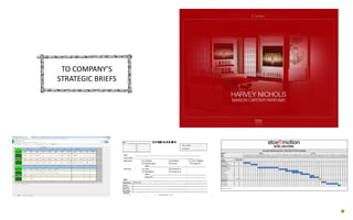 PROJECT PLANNING PRODUCTION TIMELINE & STATUS
TO COMPANY’S
STRATEGIC BRIEFS
DESIGN BRIEF
TO COMPANY’S
STRATEGIC BRIEFS
 
