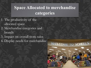 Space Allocated to merchandise
categories
1. The productivity of the
allocated space
2. Merchandise categories and
brands
3. Impact on overall store sales
4. Display needs for merchandise
 