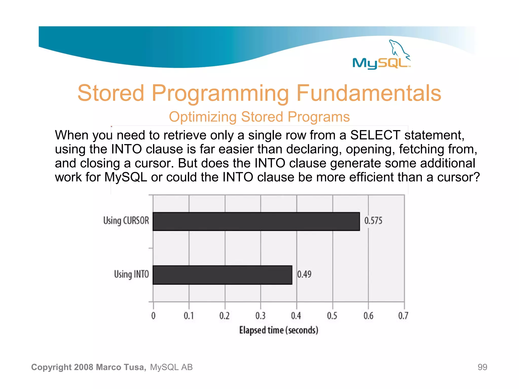 Stored Programming Fundamentals Optimizing Stored Programs When you need to retrieve only a single row from a SELECT statement, using the INTO clause is far easier than declaring, opening, fetching from, and closing a cursor. But does the INTO clause generate some additional work for MySQL or could the INTO clause be more efficient than a cursor? Copyright 2008 Marco Tusa, MySQL AB 99 