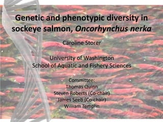Genetic and phenotypic diversity in
sockeye salmon, Oncorhynchus nerka
                Caroline Storer

           University of Washington
     School of Aquatic and Fishery Sciences

                   Committee:
                  Thomas Quinn
             Steven Roberts (Co-chair)
               James Seeb (Co-chair)
                 William Templin
                                              1
 