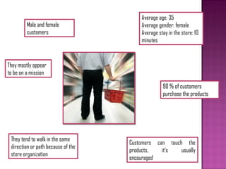 Average age: 35
        Male and female                 Average gender: female
        customers                       Average stay in the store: 10
                                        minutes


They mostly appear
to be on a mission

                                                  90 % of customers
                                                  purchase the products




 They tend to walk in the same
                                    Customers can touch the
 direction or path because of the
                                    products,   it’s   usually
 store organization
                                    encouraged
 