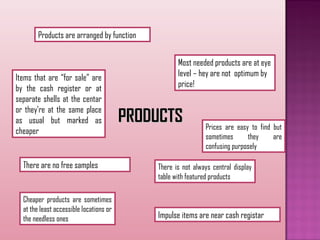 Products are arranged by function


                                                    Most needed products are at eye
Items that are “for sale” are                       level – hey are not optimum by
by the cash register or at                          price!
separate shells at the centar
or they’re at the same place
as usual but marked as                   PRODUCTS             Prices are easy to find but
cheaper
                                                              sometimes      they     are
                                                              confusing purposely

  There are no free samples                  There is not always central display
                                             table with featured products

  Cheaper products are sometimes
  at the least accessible locations or
  the needless ones                          Impulse items are near cash registar
 