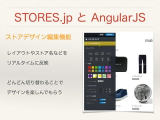 STORES.jp と AngularJS
Rails, AngularJS とフルスタックのものを採用する 
ことで学習すべき要素を明確にしたかった
どうしてAngularJS?
 
