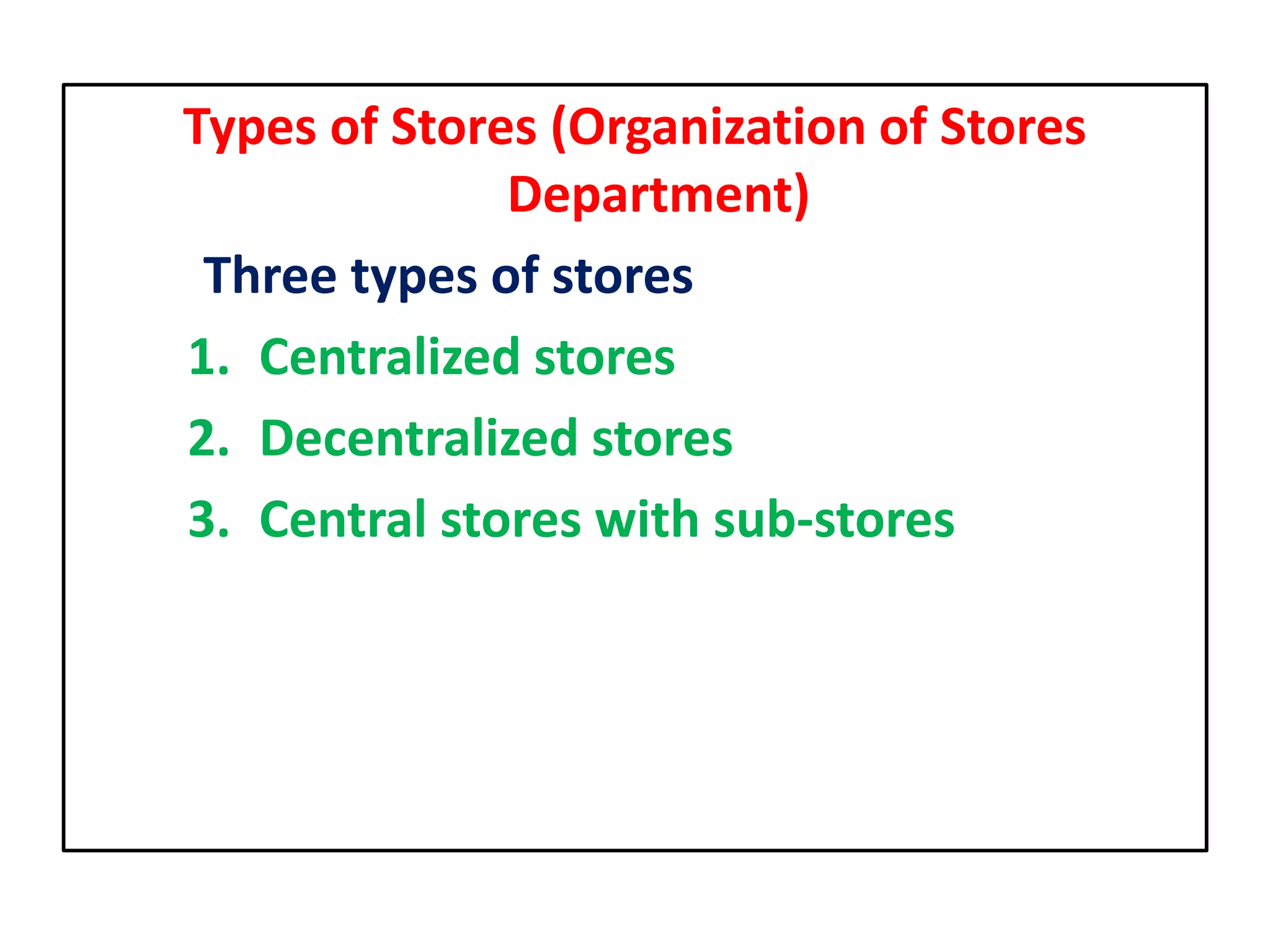 Types of Stores (Organization of Stores
Department)
Three types of stores
1. Centralized stores
2. Decentralized stores
3. Central stores with sub-stores
 