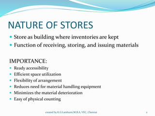 NATURE OF STORES
 Store as building where inventories are kept
 Function of receiving, storing, and issuing materials
IMPORTANCE:
 Ready accessibility
 Efficient space utilization
 Flexibility of arrangement
 Reduces need for material handling equipment
 Minimizes the material deterioration
 Easy of physical counting
2created by K.G.Latshumi,M.B.A, VEC, Chennai
 
