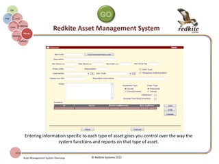 REDKITE AMS STORES MANAGER
© Redkite Systems 2014
Stores
Manager
AMS
Core
On-line
Ordering
Purchase
History
Allocation
Procurement
Goods
Received
Stock
Control
As goods are entered on to the system stock
levels are adjusted appropriately.
Minimum and re-order stock levels can be
set for each asset.
Inventory checks can be undertaken on stock
Adjustments can be made to stock levels
with appropriate authorisation where actual
and expected stock levels vary.
 