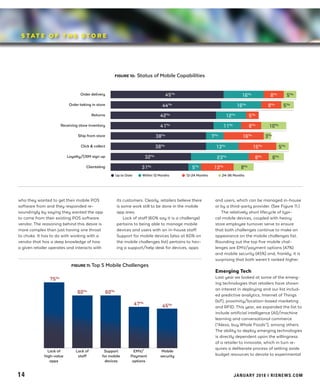 E X E C U T I V E S U M M A R Y
STORE EXPERIENCE
STUDY 2018
14		 JANUARY 2018 I RISNEWS.COM
FIGURE 10: Status of Mobile Capabilities
Order delivery
Order taking in store
Returns
Receiving store inventory
Ship from store
Click & collect
Loyalty/CRM sign up
Clienteling
FIGURE 11: Top 5 Mobile Challenges
Lack of
high-value
apps
75%
Lack of
staff
Support
for mobile
devices
EMV/
Payment
options
Mobile
security
60%
60%
47%
45%
who they wanted to get their mobile POS
software from and they responded re-
soundingly by saying they wanted the app
to come from their existing POS software
vendor. The reasoning behind this desire is
more complex than just having one throat
to choke. It has to do with working with a
vendor that has a deep knowledge of how
a given retailer operates and interacts with
its customers. Clearly, retailers believe there
is some work still to be done in the mobile
app area.
Lack of staff (60% say it is a challenge)
pertains to being able to manage mobile
devices and users with an in-house staff.
Support for mobile devices (also at 60% on
the mobile challenges list) pertains to hav-
ing a support/help desk for devices, apps
and users, which can be managed in-house
or by a third-party provider. (See Figure 11.)
The relatively short lifecycle of typi-
cal mobile devices, coupled with heavy
store employee turnover serve to ensure
that both challenges continue to make an
appearance on the mobile challenges list.
Rounding out the top five mobile chal-
lenges are EMV/payment options (47%)
and mobile security (45%) and, frankly, it is
surprising that both weren’t ranked higher.
Emerging Tech
Last year we looked at some of the emerg-
ing technologies that retailers have shown
an interest in deploying and our list includ-
ed predictive analytics, Internet of Things
(IoT), proximity/location-based marketing
and RFID. This year, we expanded the list to
include artificial intelligence (AI)/machine
learning and conversational commerce
(“Alexa, buy Whole Foods”), among others.
The ability to deploy emerging technologies
is directly dependent upon the willingness
of a retailer to innovate, which in turn re-
quires a deliberate process of setting aside
budget resources to devote to experimental
S TAT E O F T H E S T O R E
Up to Date	 Within 12 Months	 12-24 Months	 24-36 Months
45%
16%
8%
5%
44%
16%
8%
5%
42%
12%
5%
41%
11%
8%
10%
38%
7%
16%
3%
38%
13%
15%
5%
32%
23%
8%
6%
31%
5%
13%
8%
 