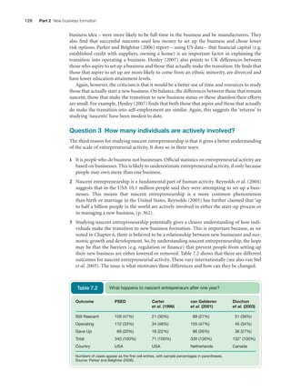 128

Part 2 New business formation

business idea – were more likely to be full-time in the business and be manufacturers. They
also ﬁnd that successful nascents used less money to set up the business and chose lower
risk options. Parker and Belghitar (2006) report – using US data – that ﬁnancial capital (e.g.
established credit with suppliers, owning a home) is an important factor in explaining the
transition into operating a business. Henley (2007) also points to UK differences between
those who aspire to set up a business and those that actually make the transition. He ﬁnds that
those that aspire to set up are more likely to come from an ethnic minority, are divorced and
have lower education attainment levels.
Again, however, the criticism is that it would be a better use of time and resources to study
those that actually start a new business. On balance, the differences between those that remain
nascent, those that make the transition to new business status or those abandon their efforts
are small. For example, Henley (2007) ﬁnds that both those that aspire and those that actually
do make the transition into self-employment are similar. Again, this suggests the ‘returns’ to
studying ‘nascents’ have been modest to date.

Question 3 How many individuals are actively involved?
The third reason for studying nascent entrepreneurship is that it gives a better understanding
of the scale of entrepreneurial activity. It does so in three ways:
1 It is people who do business not businesses. Ofﬁcial statistics on entrepreneurial activity are
based on businesses. This is likely to underestimate entrepreneurial activity, if only because
people may own more than one business.
2 Nascent entrepreneurship is a fundamental part of human activity. Reynolds et al. (2004)
suggests that in the USA 10.1 million people said they were attempting to set up a businesses. This means that nascent entrepreneurship is a more common phenomenon
than birth or marriage in the United States. Reynolds (2005) has further claimed that ‘up
to half a billion people in the world are actively involved in either the start-up process or
in managing a new business, (p. 362).
3 Studying nascent entrepreneurship potentially gives a clearer understanding of how individuals make the transition to new business formation. This is important because, as we
noted in Chapter 6, there is believed to be a relationship between new businesses and economic growth and development. So, by understanding nascent entrepreneurship, the hope
may be that the barriers (e.g. regulation or ﬁnance) that prevent people from setting up
their new business are either lowered or removed. Table 7.2 shows that there are different
outcomes for nascent entrepreneurial activity. These vary internationally (see also van Stel
et al. 2005). The issue is what motivates these differences and how can they be changed.

Table 7.2

What happens to nascent entrepreneurs after one year?

Outcome

PSED

Carter
et al. (1996)

Still Nascent

159 (47%)

21 (30%)

89 (27%)

51 (39%)

Operating

112 (33%)

34 (48%)

155 (47%)

45 (34%)

Gave Up

van Gelderen
et al. (2001)

Diochon
et al. (2003)

69 (20%)

16 (22%)

86 (26%)

36 (27%)

Total

340 (100%)

71 (100%)

330 (100%)

132* (100%)

Country

USA

USA

Netherlands

Canada

Numbers of cases appear as the ﬁrst cell entries, with sample percentages in parentheses.
Source: Parker and Belghitar (2006).

M07_STRO3475_01_SE_C07.indd 128

11/27/09 1:17:35 PM

 