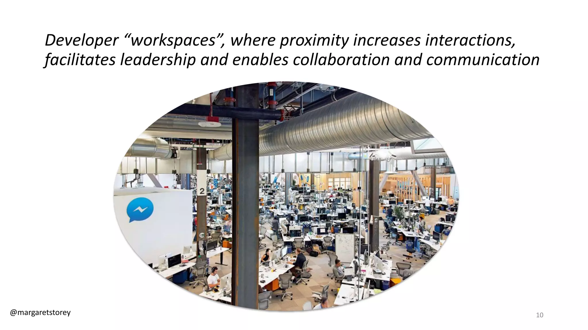 Developer “workspaces”, where proximity increases interactions,
facilitates leadership and enables collaboration and communication
@margaretstorey 10
 