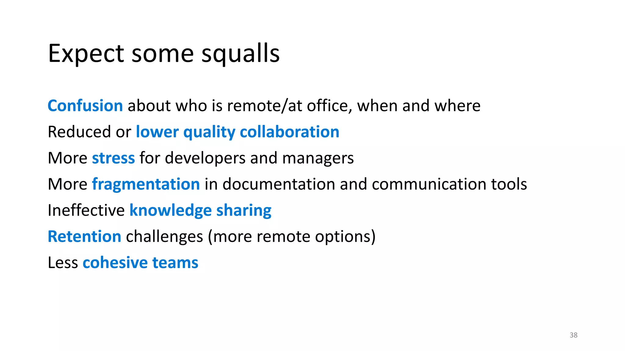 Expect some squalls
Confusion about who is remote/at office, when and where
Reduced or lower quality collaboration
More stress for developers and managers
More fragmentation in documentation and communication tools
Ineffective knowledge sharing
Retention challenges (more remote options)
Less cohesive teams
38
 