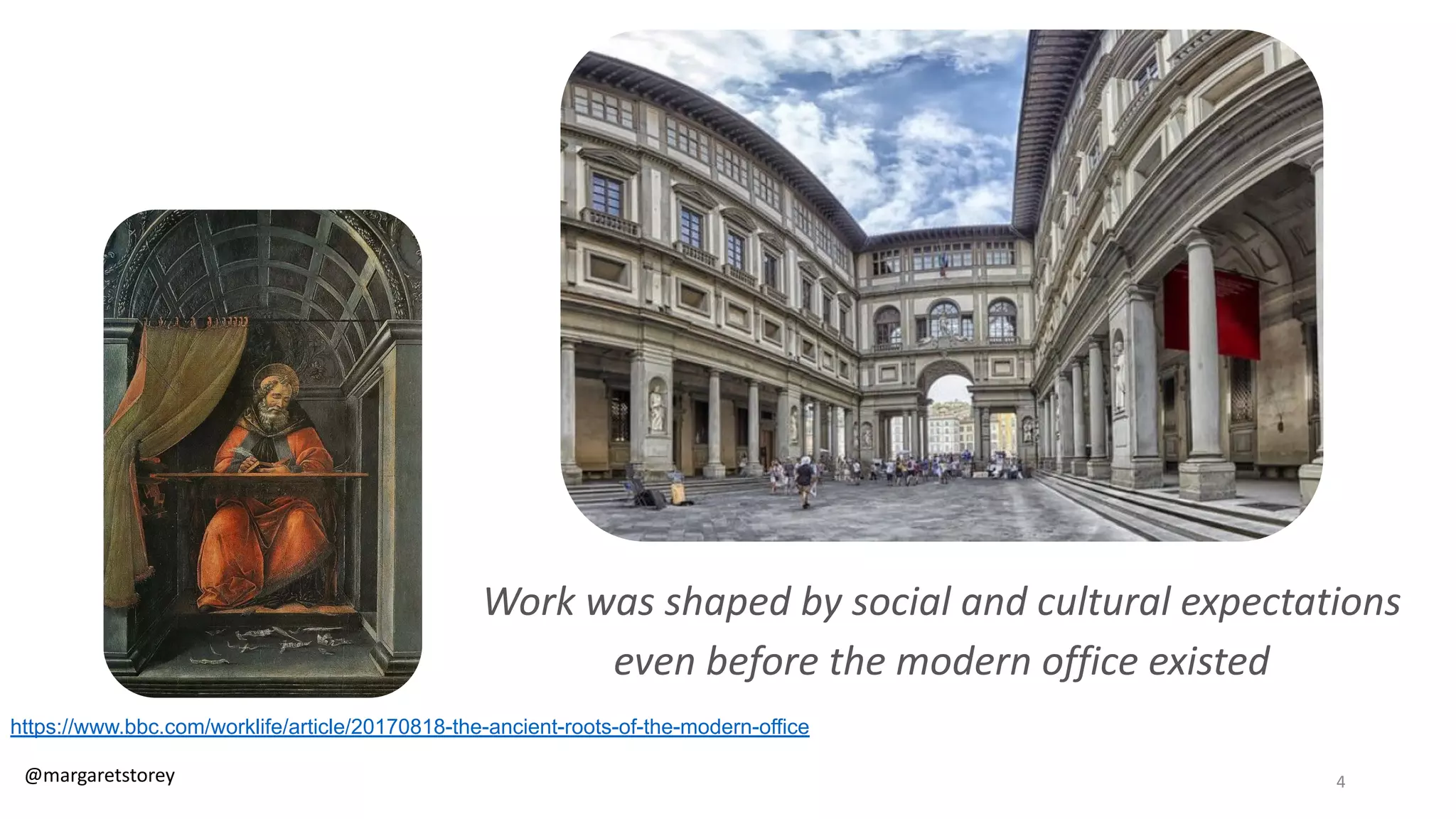 Work was shaped by social and cultural expectations
even before the modern office existed
https://www.bbc.com/worklife/article/20170818-the-ancient-roots-of-the-modern-office
@margaretstorey 4
 