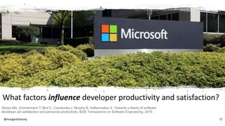 What factors influence developer productivity and satisfaction?
Storey MA, Zimmermann T, Bird C, Czerwonka J, Murphy B, Ka...