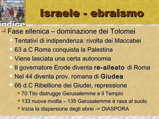 iinnddiiccee 
IIssrraaeellee -- eebbrraaiissmmoo 
 FFaassee eelllleenniiccaa –– ddoommiinnaazziioonnee ddeeii TToolloommeeii 
 TTeennttaattiivvii ddii iinnddiippeennddeennzzaa:: rriivvoollttaa ddeeii MMaaccccaabbeeii 
 6633 aa..CC RRoommaa ccoonnqquuiissttaa llaa PPaalleessttiinnaa 
 VViieennee llaasscciiaattaa uunnaa cceerrttaa aauuttoonnoommiiaa 
 IIll ggoovveerrnnaattoorree EErrooddee ddiivveennttaa rree--aalllleeaattoo ddii RRoommaa 
 NNeell 4444 ddiivveennttaa pprroovv.. rroommaannaa ddii GGiiuuddeeaa 
 6666 dd..CC RRiibbeelllliioonnee ddeeii GGiiuuddeeii,, rreepprreessssiioonnee 
 7700 TTiittoo ddiissttrruuggggee GGeerruussaalleemmmmee ee iill TTeemmppiioo 
 113333 nnuuoovvaa rriivvoollttaa –– 113355 GGeerruussaalleemmmmee èè rraassaa aall ssuuoolloo 
 IInniizziiaa llaa ddiissppeerrssiioonnee ddeeggllii eebbrreeii -->> DDIIAASSPPOORRAA 
 