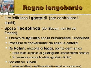 iinnddiiccee 
RReeggnnoo lloonnggoobbaarrddoo 
 IIll rree iissttiittuuiissccee ii ggaassttaallddii ((ppeerr ccoonnttrroollllaarree ii 
dduucchhii)) 
 SSppoossaa TTeeooddoolliinnddaa ((ddeeii BBaavvaarrii,, nneemmiiccii ddeeii 
FFrraanncchhii)) 
 IIll nnuuoovvoo rree AAggiilluullffoo ssppoossaa nnuuoovvaammeennttee TTeeooddoolliinnddaa 
 PPrroocceessssoo ddii ccoonnvveerrssiioonnee:: ddaa aarriiaannii aa ccaattttoolliiccii 
 RRee RRoottaarrii:: rraaccccoollttaa ddii lleeggggii,, ssppiirriittoo ggeerrmmaanniiccoo 
 DDaallllaa ffaaiiddaa ssii ppaassssaa aall gguuiiddrriiggiillddoo ((rriissaarrcciimmeennttoo ddeennaarroo)) 
 SSii ccoonnsseerrvvaa aannccoorraa ll’’oorrddaalliiaa ((ggiiuuddiizziioo ddii DDiioo)) 
 SSoocciieettàà ssuu 33 lliivveellllii:: 
 aarriimmaannnnii ((lliibbeerrii)) –– aallddiiii ((sseemmiilliibbeerrii)) –– sseerrvvii ((eemmaanncciippaazziioonnee)) 
 