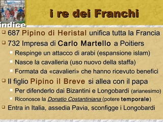 iinnddiiccee 
ii rree ddeeii FFrraanncchhii 
 668877 Pipino di Heristal uunniiffiiccaa ttuuttttaa llaa FFrraanncciiaa 
 773322 IImmpprreessaa ddii Carlo Martello aa PPooiittiieerrss 
 RReessppiinnggee uunn aattttaaccccoo ddii aarraabbii ((eessppaannssiioonnee iissllaamm)) 
 NNaassccee llaa ccaavvaalllleerriiaa ((uussoo nnuuoovvoo ddeellllaa ssttaaffffaa)) 
 FFoorrmmaattaa ddaa «ccaavvaalliieerrii» cchhee hhaannnnoo rriicceevvuuttoo bbeenneeffiiccii 
 IIll ffiigglliioo Pipino il Breve ssii aalllleeaa ccoonn iill ppaappaa 
 PPeerr ddiiffeennddeerrlloo ddaaii BBiizzaannttiinnii ee LLoonnggoobbaarrddii ((aarriiaanneessiimmoo)) 
 RRiiccoonnoossccee llaa DDoonnaattiioo CCoossttaannttiinniiaannaa ((ppootteerree tteemmppoorraallee)) 
 EEnnttrraa iinn IIttaalliiaa,, aasssseeddiiaa PPaavviiaa,, ssccoonnffiiggggee ii LLoonnggoobbaarrddii 
 