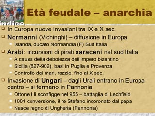 iinnddiiccee 
Età feudale – anarchia 
 In Europa nuove invasioni tra IX e X sec 
 Normanni (Vichinghi) – diffusione in Europa 
 Islanda, ducato Normandia (F) Sud Italia 
 Arabi: incursioni di pirati saraceni nel sud Italia 
 A causa della debolezza dell’impero bizantino 
 Sicilia (827-902), basi in Puglia e Provenza 
 Controllo dei mari, razzie, fino al X sec. 
 Invasione di Ungari – dagli Urali entrano in Europa 
centro – si fermano in Pannonia 
 Ottone I li sconfigge nel 955 – battaglia di Lechfield 
 1001 conversione, il re Stefano incoronato dal papa 
 Nasce regno di Ungheria (Pannonia) 
 