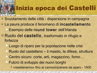 iinnddiiccee 
Inizia epoca dei Castelli 
 Svuotamento delle città - dispersione in campagna 
 La paura produce il fenomeno di incastellamento 
 Esempio delle round tower dell’Irlanda 
 Ruolo del castello, trasformato in rifugio e 
fortezza 
 Luogo di riparo per la popolazione nelle crisi 
 Ruolo del castellano – il mastio, le difese, struttura 
 Centro sicuro: corte, arti, magazzino, forno… 
 Fulcro di sviluppo dei nuovi borghi 
 «resisteranno» fino ai cannoni/polvere da sparo - 1500 
 
