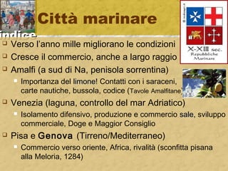 iinnddiiccee 
Città marinare 
 Verso l’anno mille migliorano le condizioni 
 Cresce il commercio, anche a largo raggio 
 Amalfi (a sud di Na, penisola sorrentina) 
 Importanza del lliimmoonnee! Contatti con i saraceni, 
carte nautiche, bussola, codice (Tavole Amalfitane) 
 Venezia (laguna, controllo del mar Adriatico) 
 Isolamento difensivo, produzione e commercio ssaallee, sviluppo 
commerciale, Doge e Maggior Consiglio 
 Pisa e Genova (Tirreno/Mediterraneo) 
 Commercio verso oriente, Africa, rivalità (sconfitta pisana 
alla Meloria, 1284) 
 