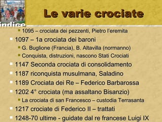 iinnddiiccee 
LLee vvaarriiee ccrroocciiaattee 
 11009955 –– ccrroocciiaattaa ddeeii ppeezzzzeennttii,, PPiieettrroo ll’’eerreemmiittaa 
 11009977 –– 11aa ccrroocciiaattaa ddeeii bbaarroonnii 
 GG.. BBuugglliioonnee ((FFrraanncciiaa)),, BB.. AAllttaavviillllaa ((nnoorrmmaannnnoo)) 
 CCoonnqquuiissttaa,, ddiissttrruuzziioonnii,, nnaassccoonnoo SSttaattii CCrroocciiaattii 
 11114477 SSeeccoonnddaa ccrroocciiaattaa ddii ccoonnssoolliiddaammeennttoo 
 11118877 rriiccoonnqquuiissttaa mmuussuullmmaannaa,, SSaallaaddiinnoo 
 11118899 CCrroocciiaattaa ddeeii RRee –– FFeeddeerriiccoo BBaarrbbaarroossssaa 
 11220022 44°° ccrroocciiaattaa ((mmaa aassssaallttaannoo BBiissaannzziioo)) 
 LLaa ccrroocciiaattaa ddii ssaann FFrraanncceessccoo –– ccuussttooddiiaa TTeerrrraassaannttaa 
 11221177 ccrroocciiaattee ddii FFeeddeerriiccoo IIII –– ttrraattttaattii 
 11224488--7700 uullttiimmee -- gguuiiddaattee ddaall rree ffrraanncceessee LLuuiiggii IIXX 
 