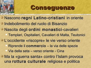 iinnddiiccee 
CCoonnsseegguueennzzee 
 NNaassccoonnoo rreeggnnii LLaattiinnoo--ccrriissttiiaannii iinn oorriieennttee 
 IInnddeebboolliimmeennttoo ddeell rruuoolloo ddii BBiissaannzziioo 
 NNaasscciittaa ddeeggllii oorrddiinnii mmoonnaassttiiccii--ccaavvaalliieerrii 
 TTeemmppllaarrii,, OOssppiittaalliieerrii,, CCaavvaalliieerrii ddii MMaallttaa,, TTeeuuttoonniiccii 
 LL’’oocccciiddeennttee «rriissccoopprree» llee vviiee vveerrssoo oorriieennttee 
 RRiipprreennddee iill ccoommmmeerrcciioo –– llaa vviiaa ddeellllee ssppeezziiee 
 VViiaa ddeellllaa sseettaa –– vveerrssoo oorriieennttee -- CCiinnaa 
 MMaa llaa «gguueerrrraa ssaannttaa» ccoonnttrroo ll’’IIssllaamm pprroovvooccaa 
uunnaa rroottttuurraa ccuullttuurraallee rreelliiggiioossaa ee ppoolliittiiccaa 
 