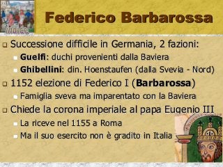 Federico Barbarossa
 Successione difficile in Germania, 2 fazioni:
 Guelfi: duchi provenienti dalla Baviera
 Ghibellini: din. Hoenstaufen (dalla Svevia - Nord)
 1152 elezione di Federico I (Barbarossa)
 Famiglia sveva ma imparentato con la Baviera
 Chiede la corona imperiale al papa Eugenio III
 La riceve nel 1155 a Roma
 Ma il suo esercito non è gradito in Italia
 