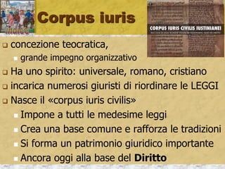 Corpus iuris
 concezione teocratica,
 grande impegno organizzativo
 Ha uno spirito: universale, romano, cristiano
 incarica numerosi giuristi di riordinare le LEGGI
 Nasce il «corpus iuris civilis»
 Impone a tutti le medesime leggi
 Crea una base comune e rafforza le tradizioni
 Si forma un patrimonio giuridico importante
 Ancora oggi alla base del Diritto
 