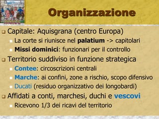 Organizzazione
 Capitale: Aquisgrana (centro Europa)
 La corte si riunisce nel palatium -> capitolari
 Missi dominici: funzionari per il controllo
 Territorio suddiviso in funzione strategica
 Contee: circoscrizioni centrali
 Marche: ai confini, zone a rischio, scopo difensivo
 Ducati (residuo organizzativo dei longobardi)
 Affidati a conti, marchesi, duchi e vescovi
 Ricevono 1/3 dei ricavi del territorio
 