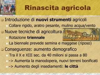 Rinasce la città
 Dopo il 1000 le città rinascono e crescono
 i contadini cercano di stabilirsi nei centri (+libertà)
 Nuove classi sociali
 Forte sviluppo degli artigiani
 Arti / Corporazioni -> Priore
 Maggiori: notai, banchieri, speziali
 Minori: fabbri, falegnami, fornai, calzolai
 Nascono le università degli studi - latino
 Salerno (medicina), Bologna (diritto), Parigi (filosofia)
 Oxford e Cambridge
 
