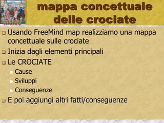 mappa concettuale
delle crociate
 Tablet: con l’app FreeMind
 realizzare una mappa concettuale sulle crociate
 Metti al centro l’argomento principale
 Le CROCIATE
 Poi crea questi nodi
 Cause
 Sviluppi
 Conseguenze
 E per ciascuno aggiungi i vari elementi
 