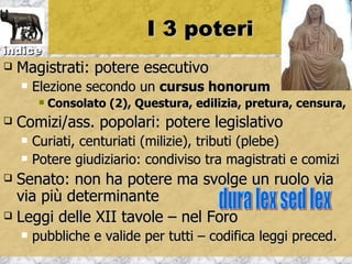 I 3 poteri
indice
   Magistrati: potere esecutivo
       Elezione secondo un cursus honorum
            Consolato (2), Questura, edilizia, pretura, censura,
   Comizi/ass. popolari: potere legislativo
       Curiati, centuriati (milizie), tributi (plebe)
       Potere giudiziario: condiviso tra magistrati e comizi
 Senato: non ha potere ma svolge un ruolo via
  via più determinante
 Leggi delle XII tavole – nel Foro
       pubbliche e valide per tutti – codifica leggi preced.
 