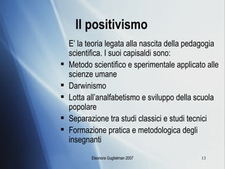 Il positivismo E’ la teoria legata alla nascita della pedagogia scientifica. I suoi capisaldi sono: Metodo scientifico e sperimentale applicato alle scienze umane Darwinismo  Lotta all’analfabetismo e sviluppo della scuola popolare Separazione tra studi classici e studi tecnici Formazione pratica e metodologica degli insegnanti 