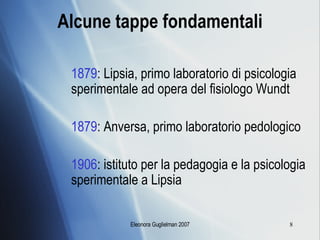 Alcune tappe fondamentali 1879 : Lipsia, primo laboratorio di psicologia sperimentale ad opera del fisiologo Wundt 1879 : Anversa, primo laboratorio pedologico 1906 : istituto per la pedagogia e la psicologia sperimentale a Lipsia  