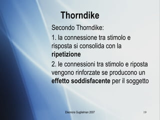 Thorndike Secondo Thorndike: 1. la connessione tra stimolo e risposta si consolida con la  ripetizione 2. le connessioni tra stimolo e riposta vengono rinforzate se producono un  effetto soddisfacente  per il soggetto 