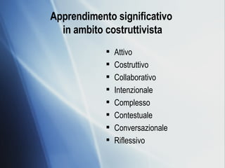 Apprendimento significativo  in ambito costruttivista Attivo Costruttivo Collaborativo Intenzionale Complesso Contestuale Conversazionale Riflessivo  