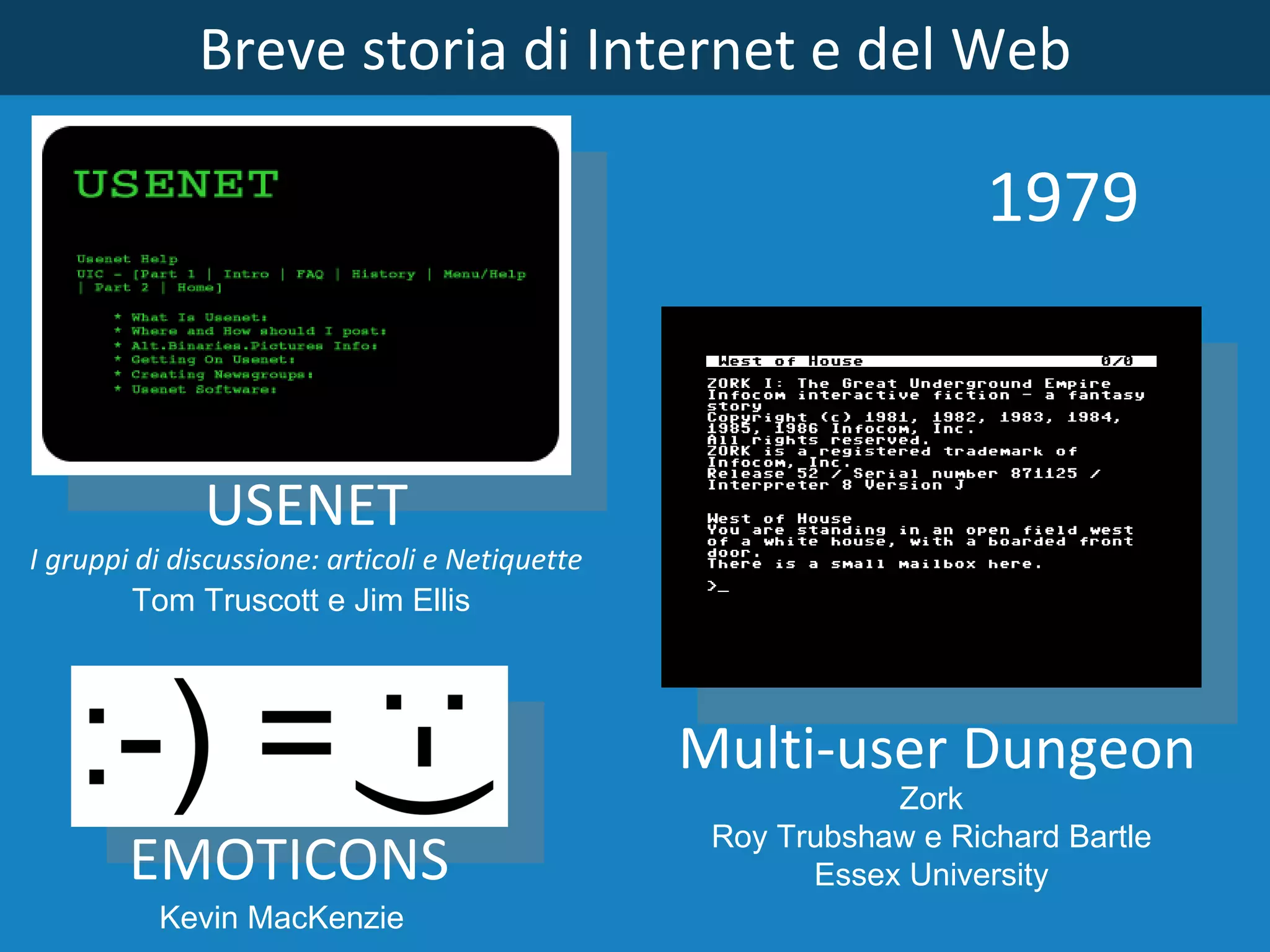 Breve storia di Internet e del Web 1979 USENET I gruppi di discussione: articoli e Netiquette Tom Truscott e Jim Ellis  Kevin MacKenzie EMOTICONS Multi-user Dungeon Zork Roy Trubshaw e Richard Bartle Essex University 