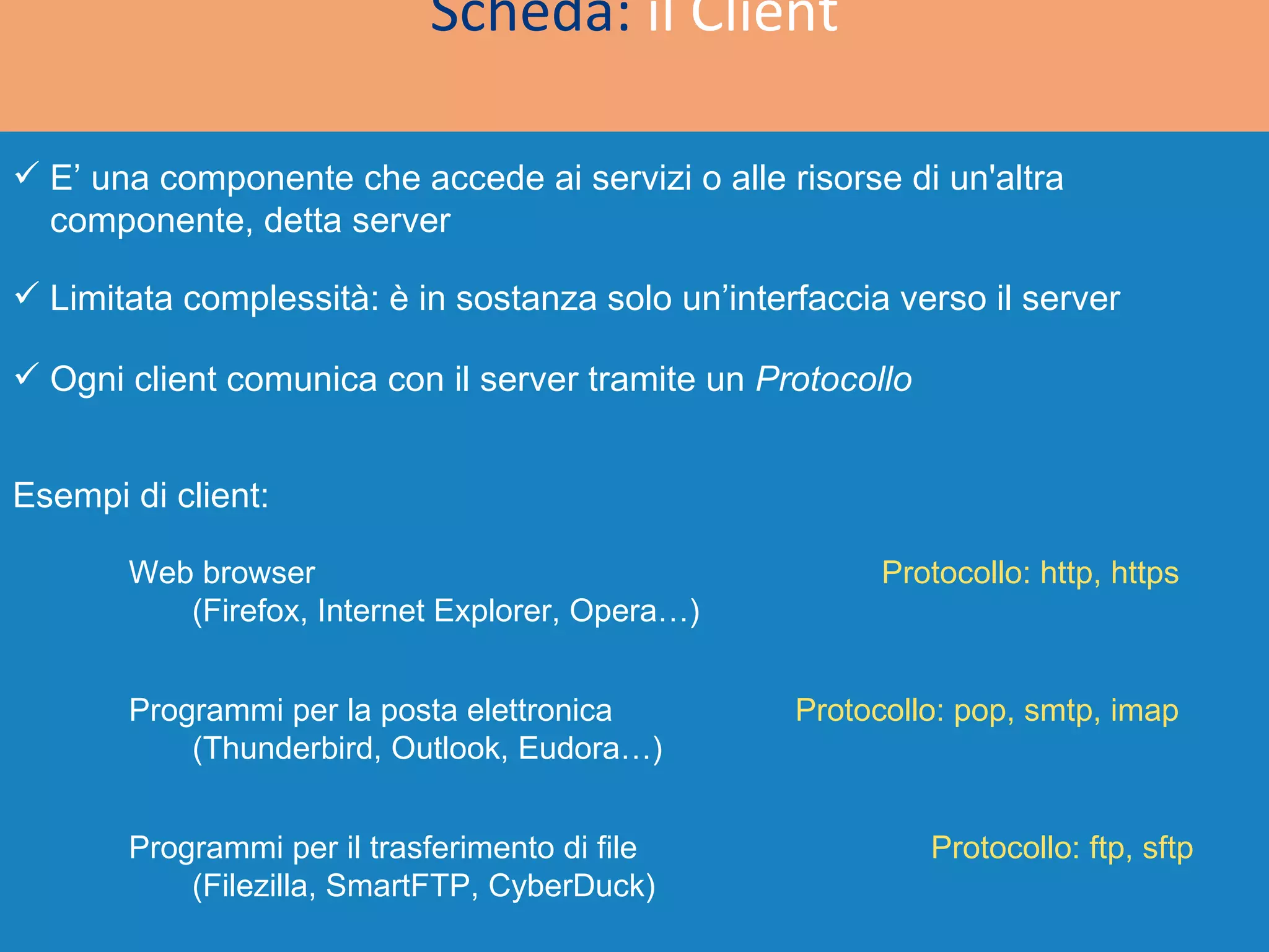 Scheda:  il Client E’ una componente che accede ai servizi o alle risorse di un'altra componente, detta server  Limitata complessità: è in sostanza solo un’interfaccia verso il server Esempi di client: Web browser (Firefox, Internet Explorer, Opera…) Programmi per la posta elettronica  (Thunderbird, Outlook, Eudora…) Ogni client comunica con il server tramite un  Protocollo Programmi per il trasferimento di file (Filezilla, SmartFTP, CyberDuck) Protocollo: http, https Protocollo: pop, smtp, imap Protocollo: ftp, sftp 
