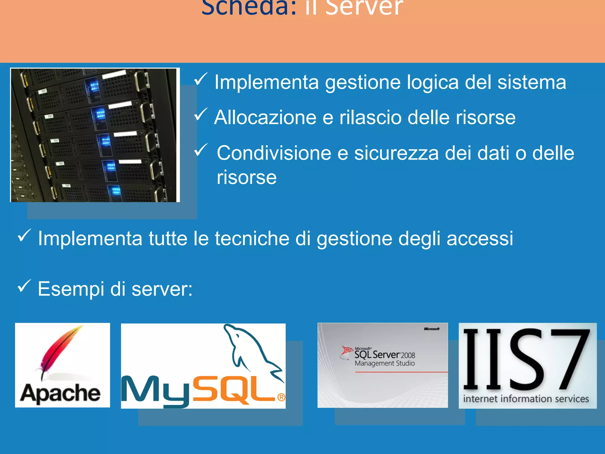 Scheda:  il Server Implementa gestione logica del sistema Implementa tutte le tecniche di gestione degli accessi Allocazione e rilascio delle risorse Condivisione e sicurezza dei dati o delle risorse Esempi di server: 