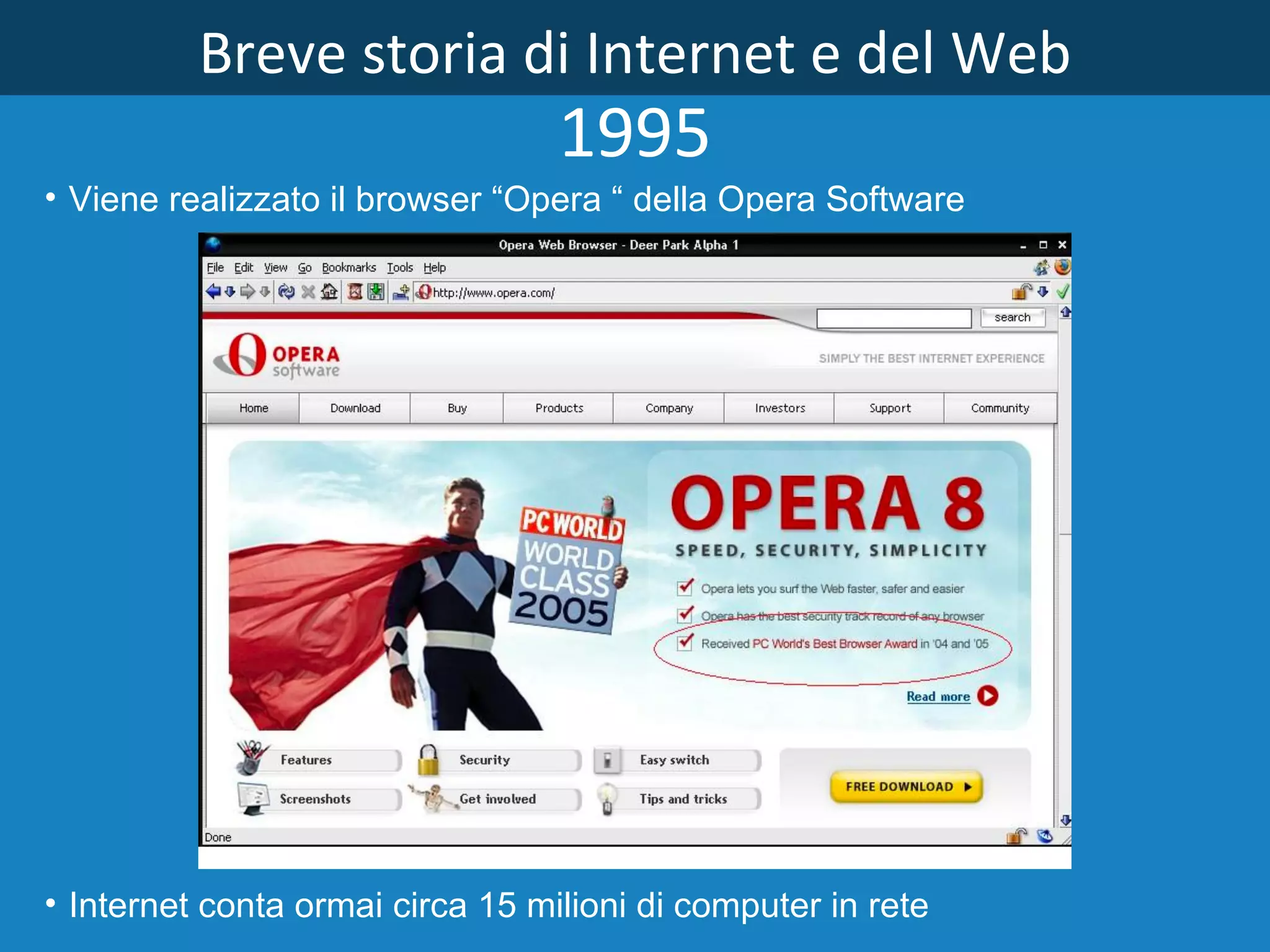 Breve storia di Internet e del Web 1995 Viene realizzato il browser “Opera “ della Opera Software   Internet conta ormai circa 15 milioni di computer  in rete 