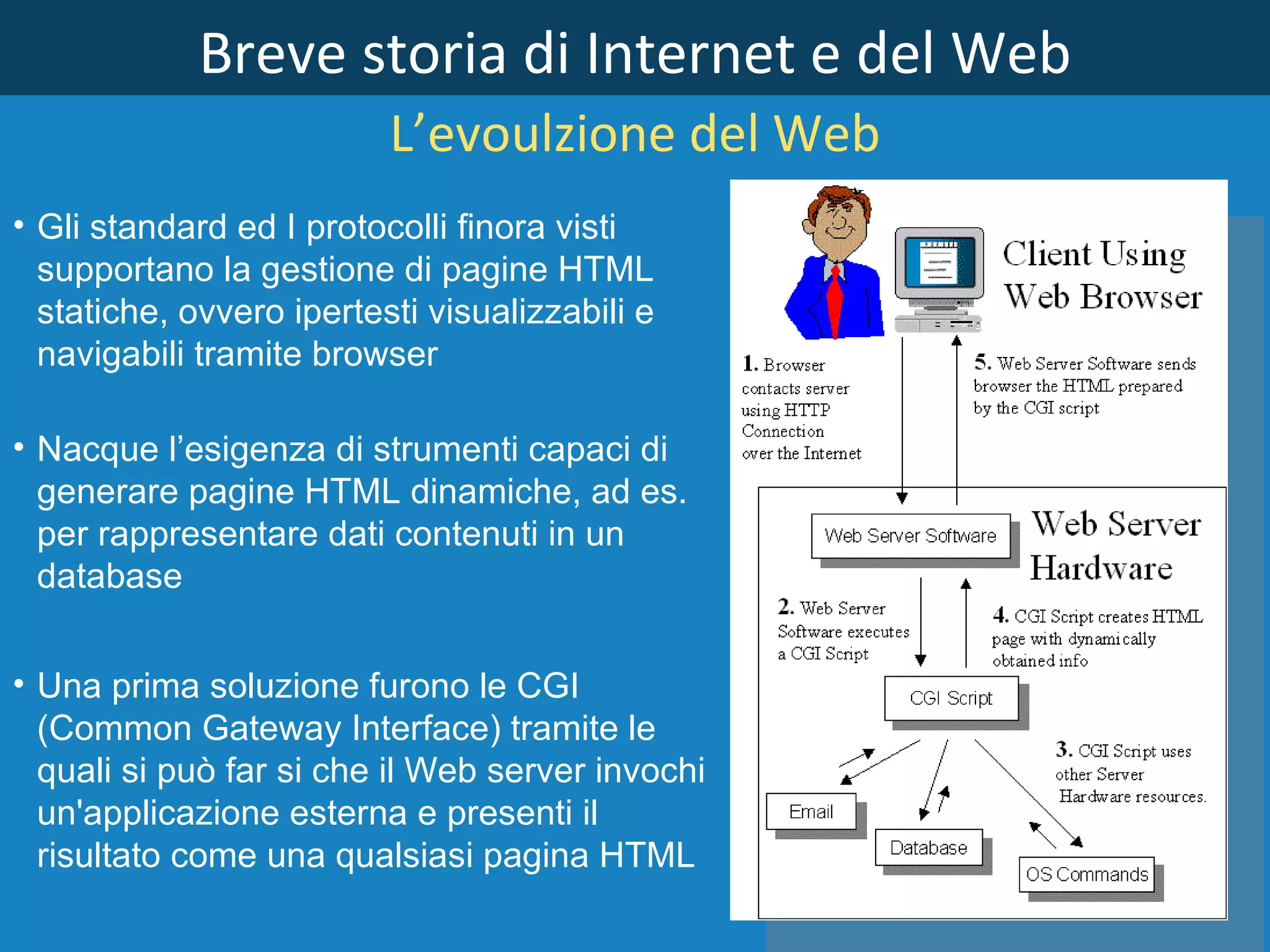 Breve storia di Internet e del Web L’evoulzione del Web Gli standard ed I protocolli finora visti  supportano la gestione di pagine HTML statiche, ovvero ipertesti visualizzabili e navigabili tramite browser  Nacque l’esigenza di strumenti capaci di generare pagine HTML dinamiche, ad es. per rappresentare dati contenuti in un database  Una prima soluzione furono le CGI (Common Gateway Interface) tramite le quali si può far si che il Web server invochi un'applicazione esterna e presenti il risultato come una qualsiasi pagina HTML  