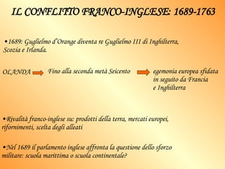 IL CONFLITTO FRANCO-INGLESE: 1689-1763 1689: Guglielmo d’Orange diventa re Guglielmo III di Inghilterra, Scozia e Irlanda. Fino alla seconda metà Seicento Rivalità franco-inglese su: prodotti della terra, mercati europei, rifornimenti, scelta degli alleati Nel 1689 il parlamento inglese affronta la questione dello sforzo militare: scuola marittima o scuola continentale? OLANDA  egemonia europea sfidata  in seguito da Francia  e Inghilterra 