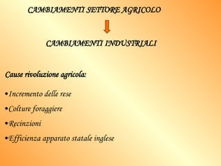 CAMBIAMENTI SETTORE AGRICOLO CAMBIAMENTI INDUSTRIALI Cause rivoluzione agricola: Incremento delle rese Colture foraggiere Recinzioni Efficienza apparato statale inglese 