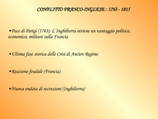 CONFLITTO FRANCO-INGLESE : 1763 - 1815 Pace di Parigi (1763): L’Inghilterra ottiene un vantaggio politico, economico, militare sulla Francia Ultima fase storica delle Crisi di Ancien Regime Reazione feudale (Francia) Nuova ondata di recinzioni (Inghilterra) 