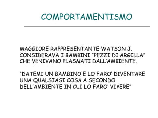COMPORTAMENTISMO

MAGGIORE RAPPRESENTANTE WATSON J.
CONSIDERAVA I BAMBINI “PEZZI DI ARGILLA”
CHE VENIVANO PLASMATI DALL’AMBIENTE.
“DATEMI UN BAMBINO E LO FARO’ DIVENTARE
UNA QUALSIASI COSA A SECONDO
DELL’AMBIENTE IN CUI LO FARO’ VIVERE”

 