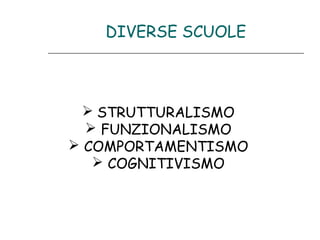 DIVERSE SCUOLE

 STRUTTURALISMO
 FUNZIONALISMO
 COMPORTAMENTISMO
 COGNITIVISMO

 