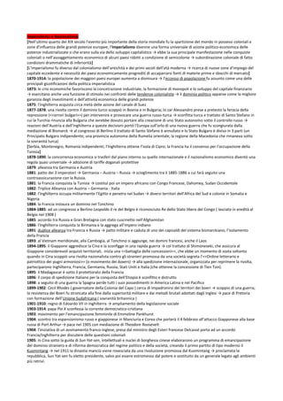 Imperialismo e Nazionalismo
[Nell’ultimo quarto del XIX secolo l’evento più importante della storia mondiale fu la spartizione del mondo in possessi coloniali e
zone d’influenza delle grandi potenze europee; l’Imperialismo divenne una forma universale di azione politico-economica delle
potenze industrializzate o che erano sulla via dello sviluppo capitalistico → ebbe la sua principale manifestazione nelle conquiste
coloniali o nell’assoggettamento economico di alcuni paesi ridotti a condizione di semicolonie → subordinazione coloniale di fatto
condizioni drammatiche di inferiorità]
[L’Imperialismo fu diverso dal colonialismo dell’antichità e dei primi secoli dell’età moderna → ricerca di nuove zone d’impiego del
capitale eccedente e necessità dei paesi economicamente progrediti di accaparrarsi fonti di materie prime e sbocchi di mercato]
1870-1914: la popolazione dei maggiori paesi europei aumenta a dismisura → l’eccesso di popolazione fu assunto come una delle
principali giustificazioni della politica imperialistica
1873: le crisi economiche favoriscono la concetrazione industriale, la formazione di monopoli e lo sviluppo del capitale finanziario
→ esercitano anche una funzione di stimolo nei confronti delle tendenze colonialiste → il dominio politico apparve come la migliore
garanzia degli investimenti e dell’attività economica delle grandi potenze
1875: l’Inghilterra acquista circa metà delle azione del canale di Suez
1877-1878: una rivolta contro il dominio turco scoppiò in Bosnia e in Bulgaria; lo zar Alessandro prese a pretesto la ferocia della
repressione (<<orrori bulgari>>) per intervenire e provocare una guerra russo-turca → sconfitta turca e trattato di Santo Stefano in
cui la Turchia rinuncia alla Bulgaria che avrebbe dovuto portare alla creazione di uno Stato autonomo sotto il controllo russo →
reazioni dell’Austria e dell’Inghilterra a queste decisioni portò l’Europa sull’orlo di una nuova guerra che fu scongiurata dalla
mediazione di Bismarck → al congresso di Berlino il trattato di Santo Stefano è annullato e lo Stato Bulgaro è diviso in 3 parti (un
Principato Bulgaro indipendente; una provincia autonoma della Rumelia orientale; la regione della Macedonia che rimaneva sotto
la sovranità turca)
[Serbia, Montenegro, Romania indipendenti; l’Inghilterra ottiene l’isola di Cipro; la Francia ha il consenso per l’occupazione della
Tunisia]
1878-1890: la concorrenza economica si trasferì dal piano interno su quello internazionale e il nazionalismo economico diventò una
regola quasi universale → adozione di tariffe doganali protettive
1879: alleanza tra Germania e Austria
1881: patto dei 3 imperatori → Germania – Austria – Russia → scioglimento tra il 1885-1886 a cui farà seguito una
controassicurazione con la Russia.
1881: la Francia conquista la Tunisia → costituì poi un impero africano con Congo Francese, Dahomey, Sudan Occidentale
1882: Triplice Alleanza con Austria – Germania - Italia
1882: l’Inghilterra occupa militarmente l’Egitto e penetra nel Sudan → diversi territori dell’Africa del Sud e colonie in Somalia e
Nigeria
1884: la Francia instaura un dominio nel Tonchino
1884-1885: ad un congresso a Berlino Leopoldo II re del Belgio è riconosciuto Re dello Stato libero del Congo ( lasciato in eredità al
Belgio nel 1908 )
1885: accordo tra Russia e Gran Bretagna con stato cuscinetto nell’Afghanistan
1886: l’Inghilterra conquista la Birmania e la aggrega all’impero indiano
1891: duplice alleanza tra Francia e Russia → patto militare e caduta di uno dei capisaldi del sistema bismarckiano, l’isolamento
della Francia
1893: al Vietnam meridionale, alla Cambogia, al Tonchino si aggiunge, nei domini francesi, anche il Laos
1894-1895: il Giappone aggredisce la Cina e la sconfigge in una rapida guerra → col trattato di Shimoneseki, che assicura al
Giappone considerevoli acquisti territoriali, inizia una <<battaglia delle concessioni>>, che ebbe un momento di sosta soltanto
quando in Cina scoppiò una rivolta nazionalista contro gli stranieri promossa da una società segreta l’<<Ordine letterario e
patriottico dei pugni armoniosi>> (o movimento dei boxers) → alla spedizione internazionale, organizzata per reprimere la rivolta,
parteciparono Inghilterra, Francia, Germania, Russia, Stati Uniti e Italia (che ottenne la concessione di Tien Tsin).
1895: il Madagascar è sotto il protettorato della Francia
1896: il corpo di spedizione Italiano per la conquista dell’Etiopia è sconfitto e distrutto
1898: a seguito di una guerra la Spagna perde tutti i suoi possedimenti in America Latina e nel Pacifico
1899-1902: Cecil Rhodes ( governatore della Colonia del Capo ) cerca di impadronirsi dei territori dei boeri → scoppio di una guerra;
la resistenza dei Boeri fu stroncata alla fine dalla superiorità militare e dai metodi brutali adottati dagli Inglesi → pace di Pretoria
con formazione dell’Unione Sudafricana ( sovranità britannica )
1901-1910: regno di Edoardo VII in Inghilterra → ampliamento della legislazione sociale
1903-1914: papa Pio X sconfessa la corrente democratico-cristiana
1903: movimento per l’emancipazione femminile di Emmeline Pankhurst
1904: scontro tra espansionismo russo e giapponese in Manciuria e Corea che porterà il 4 febbraio all’attacco Giapponese alla base
russa di Port Arthur → pace nel 1905 con mediazione di Theodore Roosevelt
1904: l’iniziativa di un avvinamento franco-inglese, presa dal ministro degli Esteri francese Delcassé porta ad un accordo
Francia/Inghilterra per discutere delle questioni coloniali
1905: in Cina sotto la guida di Sun Yat-sen, intellettuali e nuclei di borghesia cinese elaborarono un programma di emancipazione
del dominio straniero e di riforma democratica del regime politico e della società, creando il primo partito di tipo moderno il
Kuomintang → nel 1911 la dinastia manciù viene rovesciata da una rivoluzione promossa dal Kuomintang → proclamata la
repubblica, Sun Yat-sen fu eletto presidente, salvo poi essere estromesso dal potere e sostituito da un generale legato agli ambienti
più retrivi.
 