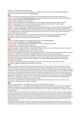 28 agosto - L'Italia dichiara guerra alla Germania
21 novembre - A 86 anni muore l'Imperatore d'Austria e re d'Ungheria Francesco Giuseppe. Gli succede Carlo d'Asburgo.
Dicembre - Tedeschi e Austriaci lanciano un'offensiva di pace.
1917:
3 febbraio - Gli Stati Uniti rompono le relazioni con la Germania a seguito dell'intensificarsi della guerra sottomarina.
12 marzo - In Russia scoppia la Rivoluzione di Febbraio. Lo zar Nicola II è costretto ad abdicare. Viene proclamata la Repubblica.
2 aprile - gli Stati Uniti d'America dichiarano guerra alla Germania.
6 aprile - gli Stati Uniti d'America entrano in guerra.
27 giugno - entra nel conflitto la Grecia e dichiara guerra a Austria-Ungheria, Bulgaria, Germania e Impero Ottomano.
Agosto – il papa Benedetto XV, in una nota ufficiale, invitò i governi belligeranti a porre fine all’<<inutile strage>>
14 agosto - la Cina dichiara guerra ad Austria-Ungheria e Germania.
24 ottobre - Tedeschi e austro-ungarici ingaggiano la dodicesima battaglia dell'Isonzo e riescono a sfondare allo sbocco della valle
dell'Isonzo, fra Tolmino e Caporetto; la disfatta di Caporetto è dovuta in primi luogo alla condatta di guerra del generale Luigi
Cadorna e all’adozione di uno schieramente ostinatamente offensivo; emersero sbandamento morale, estraneità verso un conflitto
di cui la maggior parte dei contadini-fanti italiani non aveva mai compreso il senso e condiviso i valori, rifiuto di una disciplina
gestita in modo arrogante e vessatorio
8 novembre - Il Generale Cadorna viene esonerato dal comando dell'esercito. Lo sostituisce il generale Armando Diaz.
28 novembre - I bolscevichi si impadroniscono del potere in Russia, dando vita alla Rivoluzione d'Ottobre.
7 dicembre - gli Stati Uniti dichiarano guerra all'Austria-Ungheria
1918:
8 gennaio - Il Presidente degli Stati Uniti Woodrow Wilson espone i suoi 14 punti per la pace.
3 marzo - la Russia esce dalla guerra con il Trattato di Brest-Litovsk.
21 marzo-6 aprile - Grande offensiva tedesca in Francia e vicino ad Arras del generale Ludendorff
9 aprile-29 aprile - Altra offensiva tedesca nelle Fiandre.
27 maggio-13 giugno - I tedeschi superano l'Aisne e avanzano verso la Marna.
15 giugno-23 giugno - Battaglia del solstizio. Fallimento dell'offensiva austriaca al mare. Gli austro-ungarici riescono a superare il
Piave. I soldati italiani resistono in pianura. Il 23 gli avversari si ritirano.
19 luglio-3 agosto - Controffensiva anglo-francese tra l'Aisne e la Marna.
8 agosto – le truppe alleate unificate sotto il comando del generale Foch, contrattaccarono sfondando le linee tedesche ad Amiens
24 settembre - Vittorie alleate in Macedonia. La Bulgaria chiede l'armistizio che viene firmato il 29 settembre.
24 ottobre-3 novembre - Gli italiani scattano all'offensiva sul Grappa e sul Piave. Le truppe italiane occupano Vittorio Veneto.
Alcuni corpi d'armata italiani sbarcano a Trieste. Il fronte austriaco crolla dovunque. L'austria-Ungheria chiede l'armistizio.
4 novembre - fine delle ostilità tra l'Italia e Austria-Ungheria - Proclamazione della Repubblica Austriaca e smembramento
dell’Impero Austro-Ungarico.
11 novembre - Armistizio tra gli Alleati e la Germania, le cui armate si ritirano dovunque. La Grande Guerra è finita.
12 novembre - Guglielmo II abdica, nasce la repubblica di Germania.
1919:
21 giugno – trattato di Versailles: la Germania doveva cedere l'Alsazia e la Lorena alla Francia. Al rinato Stato polacco dovette
cedere parte della Slesia, della Posnania e della Pomerania assicurandogli in questo modo un accesso nel mar Baltico. La città di
Danzica che si affacciava sul Baltico venne considerata città libera. La Germania orientale venne in questo modo separata da quella
occidentale e l'impero coloniale tedesco diviso tra Inghilterra e Francia. Quando si dovette decidere a chi dare la colpa del conflitto
si pensò, anche a causa delle pressioni francesi, ad accusare la Germania. In base all'articolo 231 essa era tenuta a risarcire tutti i
danni procurati alla popolazione e le pensioni di guerra in una cifra che fu stabilita intorno ai 132 marchi - oro. Come garanzia del
pagamento la Francia poteva occupare per 15 anni il bacino carbonifero del Saar. L'esercito tedesco venne ridotto a 100000 unità.
10 settembre – trattato di Saint-Germain-en-Laye = l’Austria viene smembrata in favore della Polonia, della Jugoslavia, della
Romania e della Cecoslovacchia. All'Italia veniva ceduto il Trentino.
27 novembre – trattato di Neully = la Bulgaria dopo avere ceduto la Macedonia alla Jugoslavia e la Tracia alla Grecia, ne uscì
ridimensionata avendo perso pure lo sbocco sul mar Egeo.
1920:
4 giugno – trattato di Trianon = con l’Ungheria, che rimase con metà del territorio precedente.
10 agosto: trattato di Sèvres = i Turchi dovevano cedere alla Grecia anche la Tracia Ottomana, dovevano smilitarizzare gli stretti
perdendo il controllo anche su parte dell'Asia dopo l'indipendenza della Transgiordania, dell'Arabia e dello Yemen. I restanti
territori asiatici vennero portati gradualmente da Francia e Inghilterra ad una condizione di indipendenza e autogoverno tramite i
"mandati fiduciari".
[L’andamento delle trattative di pace contribuì a diffondere nel paese il mito della “vittoria mutilata”, secondo l’espressione coniata da Gabriele
D’Annunzio; sembrava che l’Italia, al tavolo della pace, non ottenesse compensi adeguati ai sacrifici compiuti e si incolpava la nostra delegazione a
Versailles, guidata da Orlando, di arrendevolezza nei confronti dei più forti alleati: Francia, Gran Bretagna e Stati Uniti. La sensazione che l’Italia
venisse defraudata di ciò che le spettava accese nel paese il nazionalismo più estremo. Occupazione di Fiume, in Istria, da parte di un contigente di
militari ed ex militari (in particolari “arditi”, appartenenti a reparti scelti d’assalto) guidato da Gabriele D’Annunzio (12 settembre 1919). Il governo,
presieduto da Francesco Saverio Nitti, non seppe impedire questo atto di forza, che minava gravemente l’autorità dello stato italiano e la sua
credibilità internazionale.
La questione fiumana si trascinò per oltre un anno e fu risolta da Giolitti, salito al governo nel giugno 1920, il quale firmò con la Jugoslavia, il 12
novembre 1920, il trattato di Rapallo, che assegnava all’Italia l’Istria e alla Jugoslavia la Dalmazia (eccetto Zara ed alcune isole) e faceva di Fiume
uno stato libero indipendente sotto la tutela della Società delle Nazioni (successivamente, nel 1924, un ulteriore accordo dividerà lo stato libero di
 