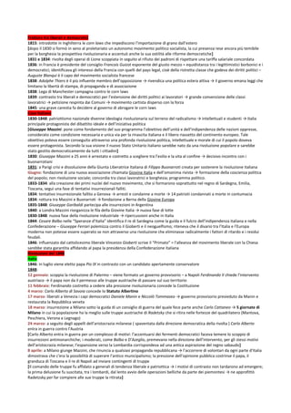 Frattura tra liberali e democratici
1815: introdotte in Inghilterra le corn laws che impediscono l’importazione di grano dall’estero
[dopo il 1830 si formò in seno al proletariato un autonomo movimento politico socialista, la cui presenza rese ancora più temibile
per la borghesia la prospettiva rivoluzionaria e accentuò anche la sua ostilità alle riforme democratiche]
1831 e 1834: rivolta degli operai di Lione scoppiata in seguito al rifiuto dei padroni di rispettare una tariffa salariale concordata
1836: in Francia è presidente del consiglio Francois Guizot esponente del giusto mezzo = equidistanza tra i legittimistici borbonici e i
democratici; identificava gli interessi della Francia con quelli del pays legal, cioè della ristretta classe che godeva dei diritti politici –
Auguste Blanqui è il capo del movimento socialista francese
1838: Adolphe Thiers è il più influente membro dell’opposizione → rivendica una politica estera attiva → il governo emana leggi che
limitano la libertà di stampa, di propaganda e di associazione
1838: Lega di Manchester campagna contro le corn laws
1839: contrasto tra liberali e democratici per l’estensione dei diritti politici ai lavoratori → grande convenzione delle classi
lavoratrici → petizione respinta dai Comuni → movimento cartista disperso con la forza
1845: una grave carestia fa decidere al governo di abrogare le corn laws
Caso Italiano
1830-1848: patriottismo nazionale divenne ideologia rivoluzionaria sul terreno del radicalismo → intellettuali e studenti → Italia
principale protagonista del dibattito ideale e dell’iniziativa politica
[Giuseppe Mazzini: pone come fondamento del suo programma l’obiettivo dell’unità e dell’indipendenza delle nazioni oppresse,
considerato come condizione necessaria e unica via per la rinascita italiana e il libero riassetto del continento europeo. Tale
obiettivo poteva essere conseguito attraverso una profonda rivoluzione politica, intellettuale e morale di cui il popolo doveva
essere protagonista. Secondo la sua visione il nuovo Stato Unitario italiano sarebbe nato da una rivoluzione popolare e sarebbe
stato gestito democraticamente da tutti i cittadini]
1830: Giuseppe Mazzini a 25 anni è arrestato e costretto a scegliere tra l’esilio e la vita al confine → decisivo incontro con i
buonarrotiani
1831: a Parigi crisi e dissoluzione della Giunta Liberatrice Italiana di Filippo Buonarroti creata per sostenere la rivoluzione italiana
Giugno: fondazione di una nuova associazione chiamata Giovine Italia e dell’omonima rivista → formazione della coscienza politica
del popolo; non rivoluzione sociale; concordia tra classi lavoratrici e borghesia; programma politico.
1833-1834: alla creazione dei primi nuclei del nuovo movimento, che si formarono soprattutto nel regno di Sardegna, Emilia,
Toscana, seguì una fase di tentativi insurrezionali falliti.
1834: tentativo insurrezionale fallito a Genova → arresti e condanne a morte → 14 patrioti condannati a morte in contumacia
1834: rottura tra Mazzini e Buonarroti → fondazione a Berna della Giovine Europa
1835-1848: Giuseppe Garibaldi partecipa alle insurrezioni in Argentina
1840: a Londra Mazzini riorganizza le fila della Giovine Italia → nuova fase di lotte
1830-1848: nuova fase della rivoluzione industriale → ripercussioni anche in Italia
1844: Cesare Balbo nelle “Speranze d’Italia” identifica il re di Sardegna come la guida e il fulcro dell’indipendenza italiana e nella
Confederazione – Giuseppe Ferrari polemizza contro il Gioberti e il neoguelfismo; riteneva che il divario tra l’Italia e l’Europa
moderna non potesse essere superato se non attraverso una rivoluzione che eliminasse radicalmente i fattori di ritardo e i residui
feudali.
1846: influenzato dal cattolicesimo liberale Vincenzo Gioberti scrive il “Primato” = l’alleanza del movimento liberale con la Chiesa
sarebbe stata garantita affidando al papa la presidenza della Confederazione italiana
Rivoluzioni del 1848
Italia
1846: in luglio viene eletto papa Pio IX in contrasto con un candidato apertamente conservatore
1848:
12 gennaio: scoppia la rivoluzione di Palermo – viene formato un governo provvisorio – a Napoli Ferdinando II chiede l’intervento
austriaco → il papa non da il permesso alle truppe austriache di passare sul suo territorio
11 febbraio: Ferdinando costretto a cedere alla pressione rivoluzionaria concede la Costituzione
4 marzo: Carlo Alberto di Savoia concede lo Statuto Albertino
17 marzo: liberati a Venezia i capi democratici Daniele Manin e Niccolò Tommaseo → governo provvisorio presieduto da Manin e
restaurata la Repubblica veneta
18 marzo: insurrezione a Milano sotto la guida di un consiglio di guerra del quale fece parte anche Carlo Cattaneo → 5 giornate di
Milano in cui la popolazione ha la meglio sulle truppe austriache di Radetzky che si ritira nelle fortezze del quadrilatero (Mantova,
Peschiera, Verona e Legnago)
24 marzo: a seguito degli appelli dell’aristocrazia milanese ( spaventata dalla direzione democratica della rivolta ) Carlo Alberto
entra in guerra contro l’Austria
[Carlo Alberto entra in guerra per un complesso di motivi: l’accentuarsi dei fermenti democratici faceva temere lo scoppio di
insurrezioni antimonarchiche; i moderati, come Balbo e D’Azeglio, premevano nella direzione dell’intervento, per gli stessi motivi
dell’aristocrazia milanese; l’espansione verso la Lombardia corrispondeva ad una antica aspirazione del regno sabaudo]
8 aprile: a Milano giunge Mazzini, che rinuncia a qualsiasi propaganda repubblicana → l’accorrere di volontari da ogni parte d’Italia
dimostrava che c’era la possibilità di superare l’antico municipalismo; la pressione dell’opinione pubblica costrinse il papa, il
granduca di Toscana e il re di Napoli ad inviare contingenti di truppe
[Il comando delle truppe fu affidato a generali di tendenza liberale e patriottica → i motivi di contrasto non tardarono ad emergere;
la prima delusione fu suscitata, tra i lombardi, dal lento avvio delle operazioni belliche da parte dei piemontesi → ne approfittò
Radetzsky per far compiere alle sue truppe la ritirata]
 